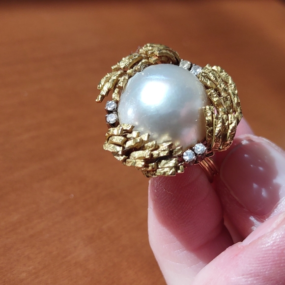 Mabe pearl 18kt Yellow Gold Ring, diamonds, estate Ring vintage - Picture 4 of 16